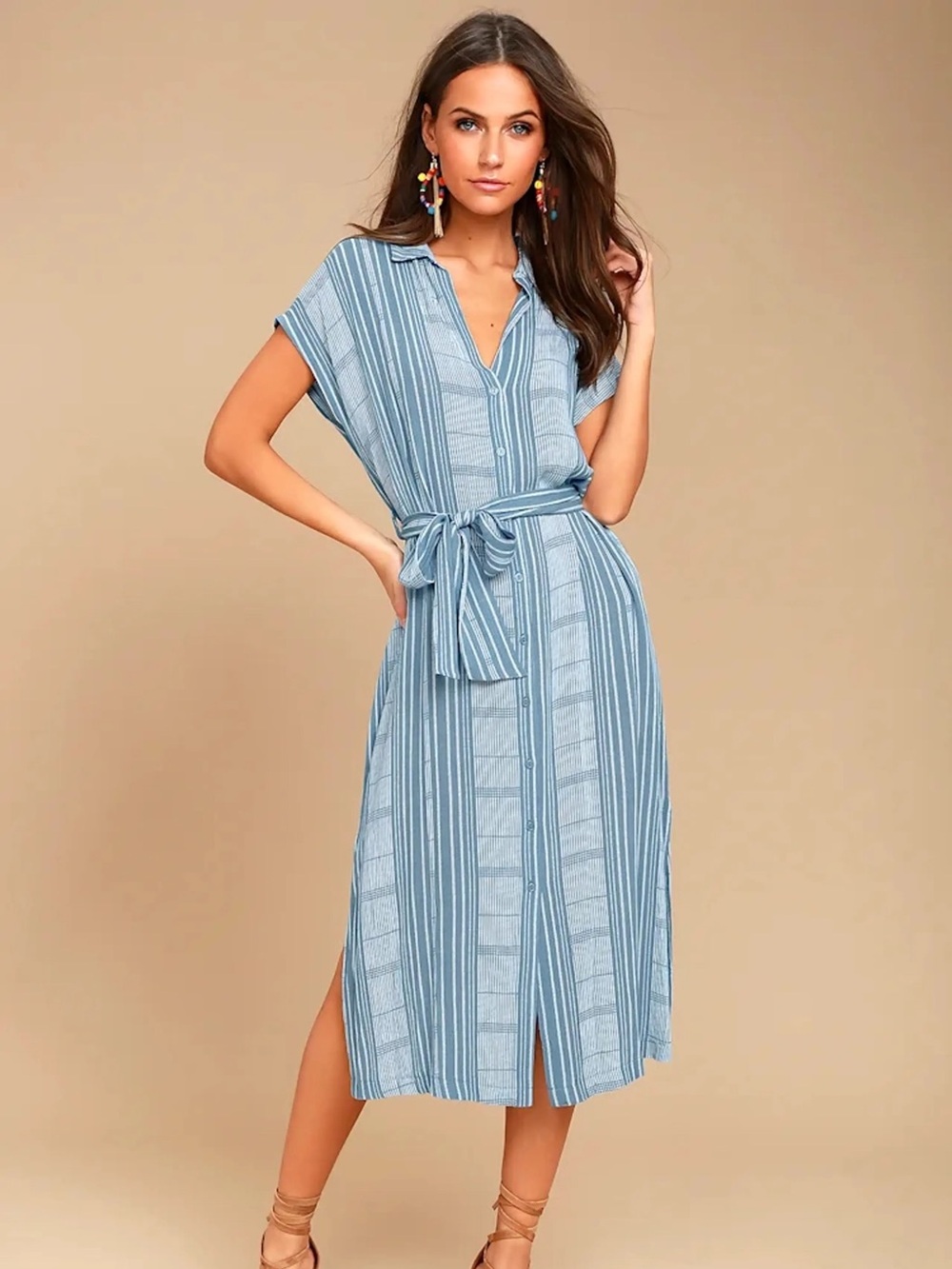 Lush Midi Striped Blue Shirt Dress with Waist Tie